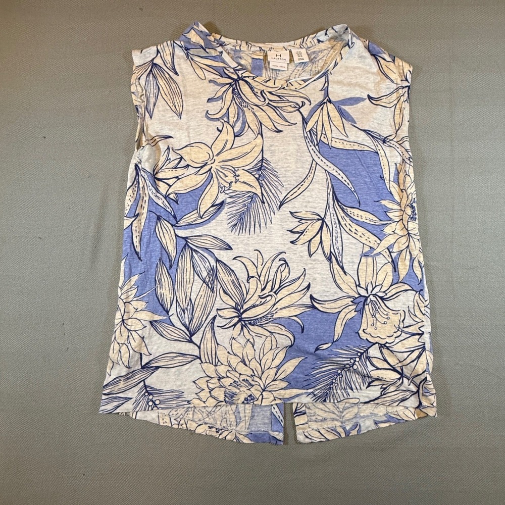 Halston Women Blue Grey Floral 100% Linen Sleeveless Button Back Top Medium 1958